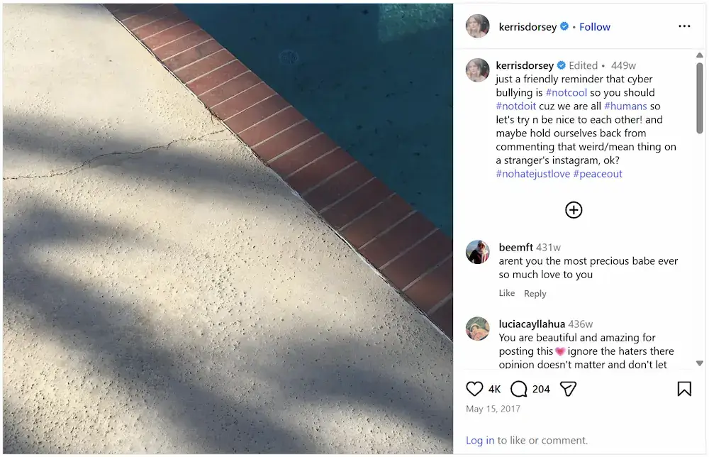 Kerris Dorsey's Instagram post on cyberbullying by Dylan Minnette's fans.